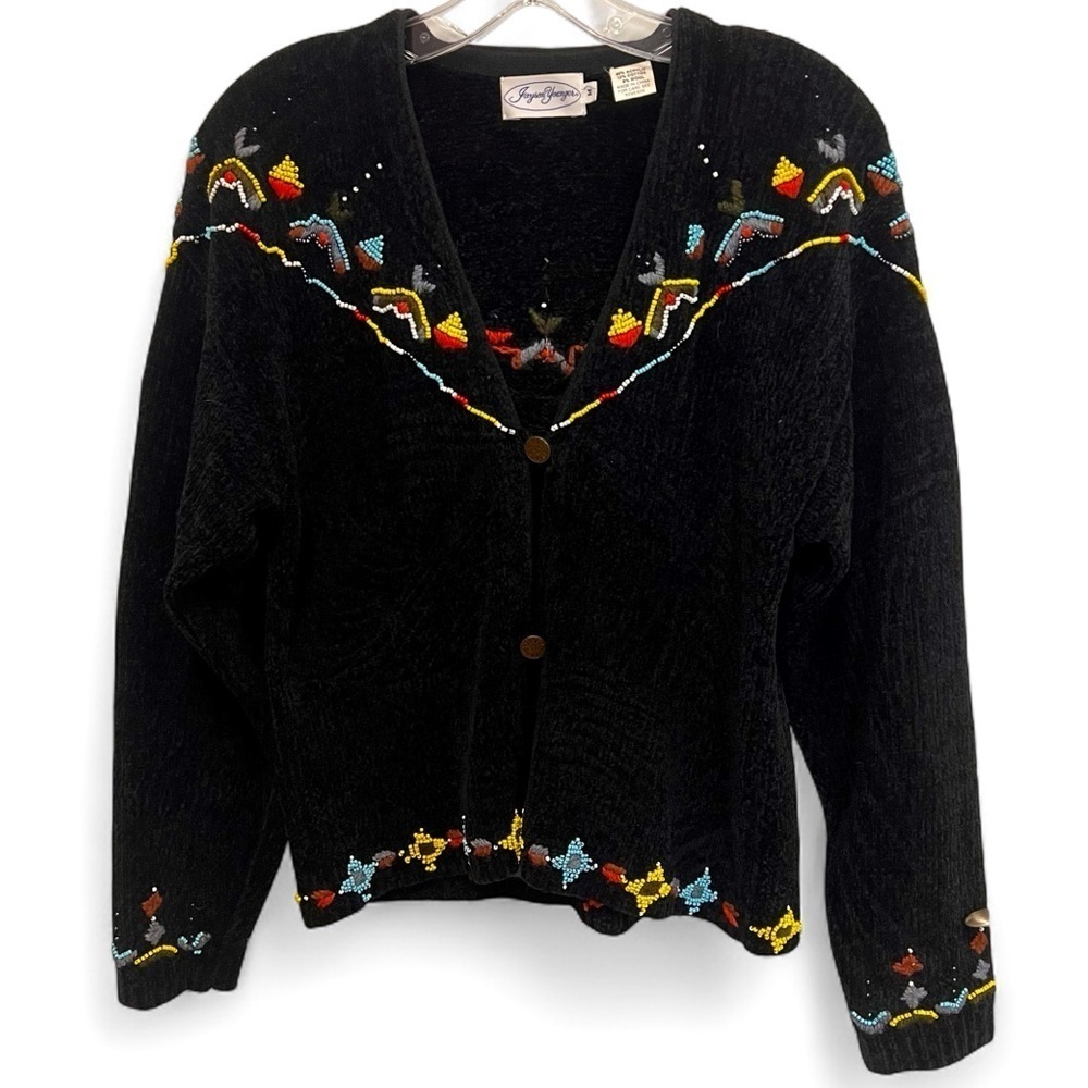 Vintage Jayson Younger Bead Embellished Knit Cardigan Sweater Black Size Medium